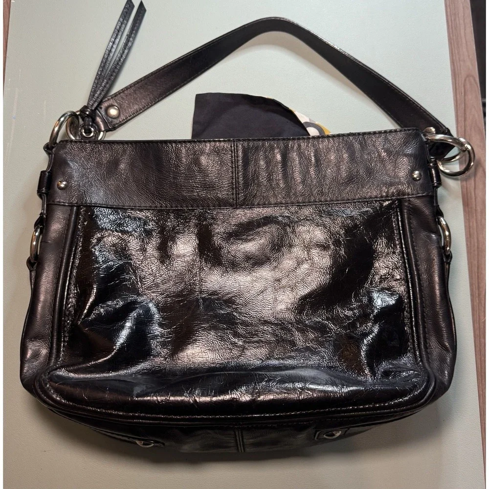 Coach F1082 Black Leather Hobo Bag with Scarf Purple Lining Zoe Vintage Y2K